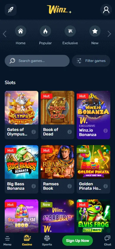 Winz Casino mobile browser casino and live games