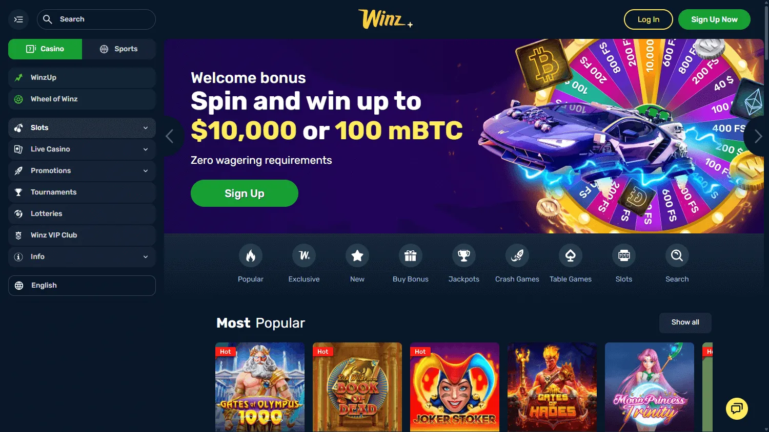 Winz Casino desktop home experience for Australian players