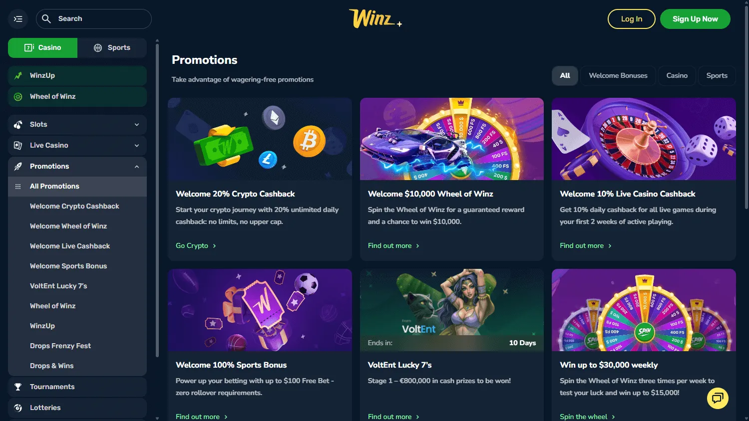 Winz Casino desktop promotions including Wheel of Winz and cashback