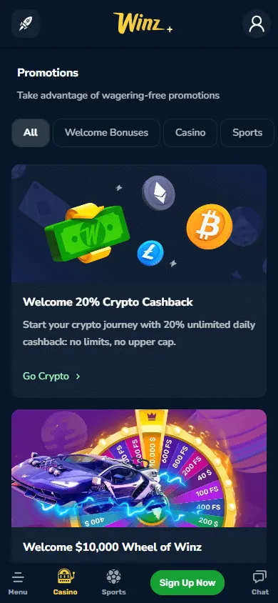 Winz Casino mobile browser promotions and welcome offers