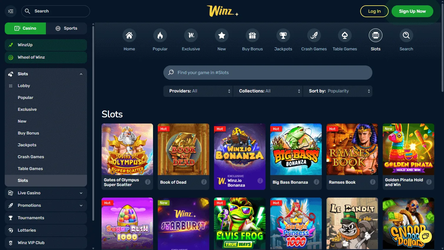 Winz Casino desktop casino games and live dealer selection
