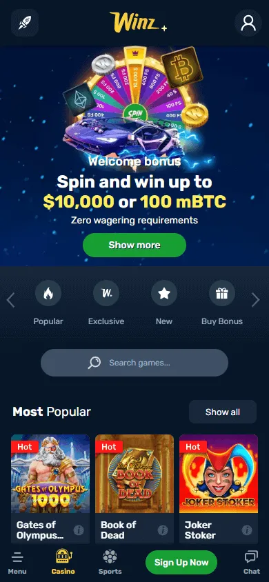 Winz Casino mobile browser home experience